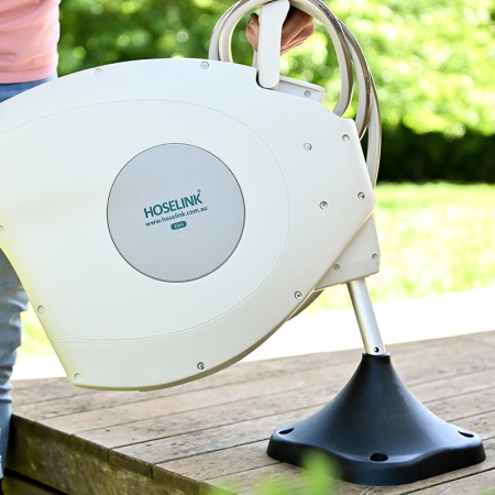 Install a Hoselink Classic Retractable Hose Reel on a solid horizontal surface with the Fixed Ground Mount. This alternative mounting bracket is useful where there is no suitable wall or post