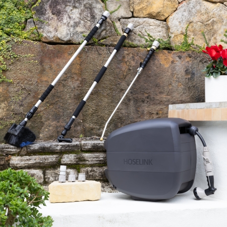 Combine organised hose storage with practical outdoor cleaning equipment in the Hoselink Handy Cleaning and Hose Reel Pack. The package pairs a retractable reel with selected cleaning accessories for washing vehicles