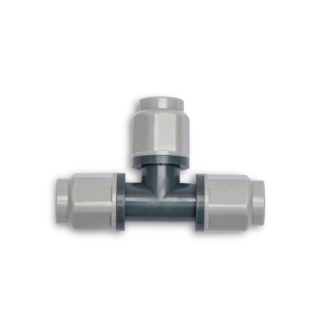 Branch a Hoselink misting line in two directions with the Misting System T Joint. The three-way fitting allows one supply hose to split into separate runs around a pergola