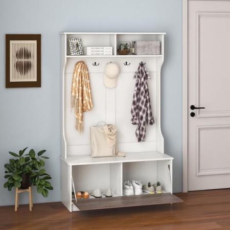 CostwayMultifunctional Coat Rack with Entryway Bench and 5 Double Hooks for Entrance-White