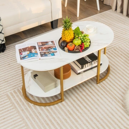 CostwayModern 2-Tier White Marble Coffee Table with Open Shelf - Furniture > Living Room > Coffee Tables