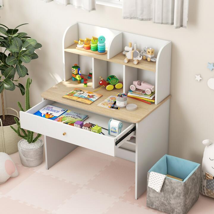 CostwayKids Wooden Study Desk with Hutch and Drawer