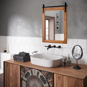 CostwayFarmhouse Wall Mirror with Solid Wood Frame and Metal Bracket-Brown