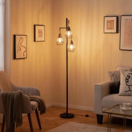 CostwayIndustrial Tree Floor Lamp with 3 Birdcage Lampshades-Black - Floor Lamps
