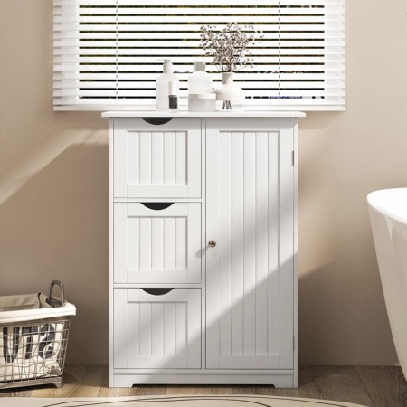 CostwayBathroom Floor Cabinet with 3 Drawers and 1 Side Cabinet-White - Bathroom Storage