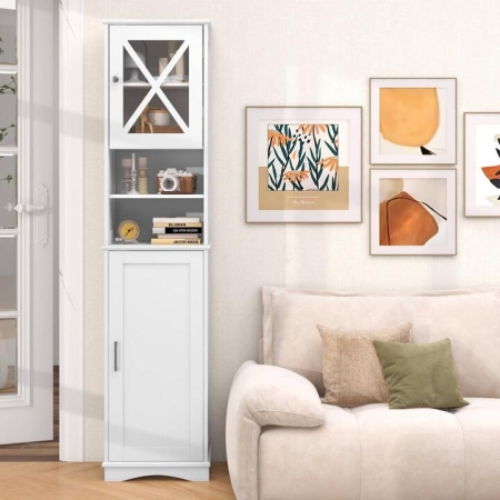 CostwayNarrow Tall Bathroom Freestanding Storage Cabinet with 5 Adjustable Shelves-White - Bathroom Storage
