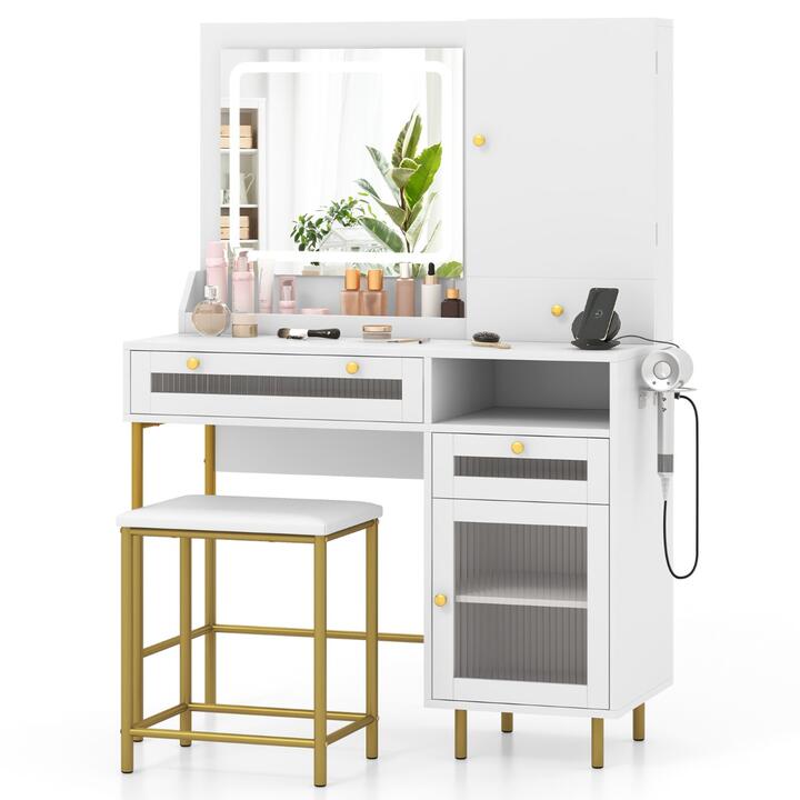 CostwayMakeup Vanity Table Modern Dressing Table and Stool Set with Mirror and Lights-White
