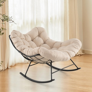 CostwayOversized Papasan Patio Rocking Chair with Padded Cushion and Metal Frame-Beige