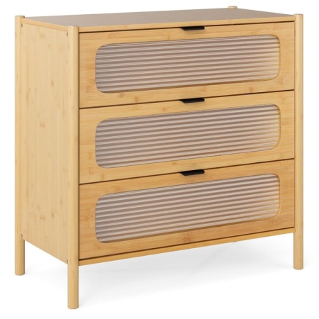 Costway3/4-Drawer Bamboo Storage Cabinet with Fluted Tempered Glass Drawers-Natural-3-Tier - Furniture > Living Room > Cabinets & Chests