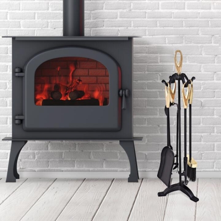 Costway5 Pieces Iron Fireplace Set with Broom & Shovel & Poker & Tongs & Stand - Outdoor > Outdoor Heating > Fireplace Tools