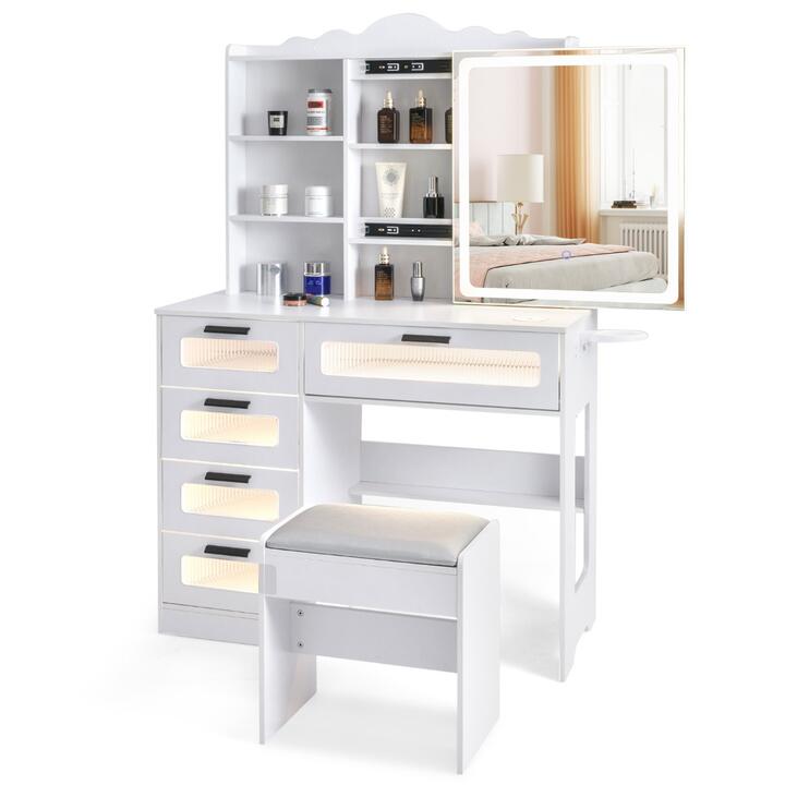 CostwayMakeup Vanity Desk with Mirror and Lights  with Charging Station and 3-Color LED Lights-White