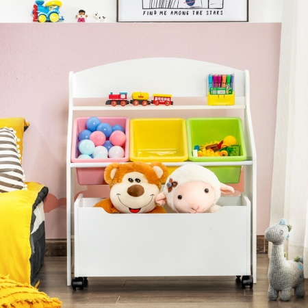 CostwayKids Wooden Storage Cabinet with Rolling Casters Book Shelf Organizer-White - TOYS