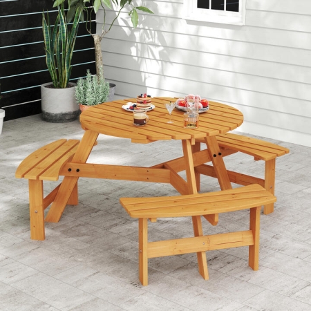 Costway6-Person Round Picnic Table Set with 5 cm Umbrella Hole-Yellow - Outdoor > Outdoor & Patio Furniture > Patio Tables