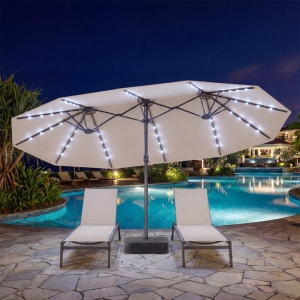 Costway4.7M Double-Sided Patio Umbrella with Solar Lights for Poolside Garden Yard-Beige