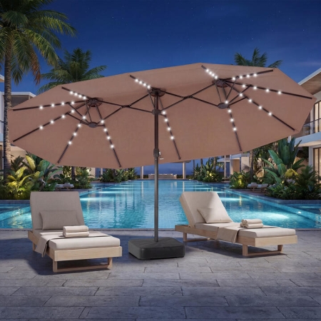 Costway4.7M Double-Sided Patio Umbrella with Solar Lights for Poolside Garden Yard-Coffee - Solar Lights
