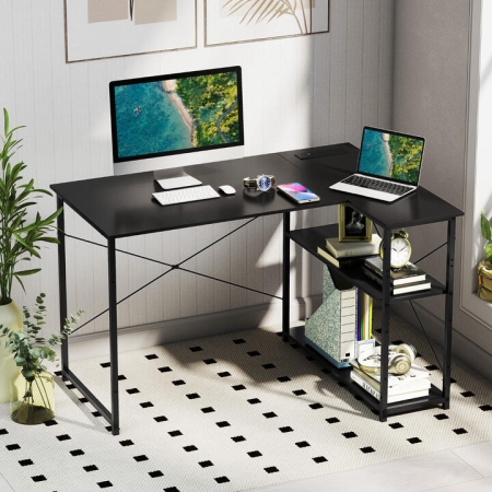 CostwayHome Office Computer Desk with Reversible Adjustable Storage Shelves-Black - Furniture > Home Office > Office Desks