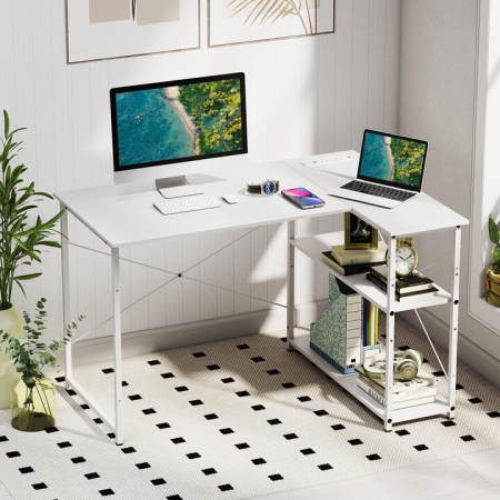 CostwayHome Office Computer Desk with Reversible Adjustable Storage Shelves-White - Furniture > Home Office > Office Desks