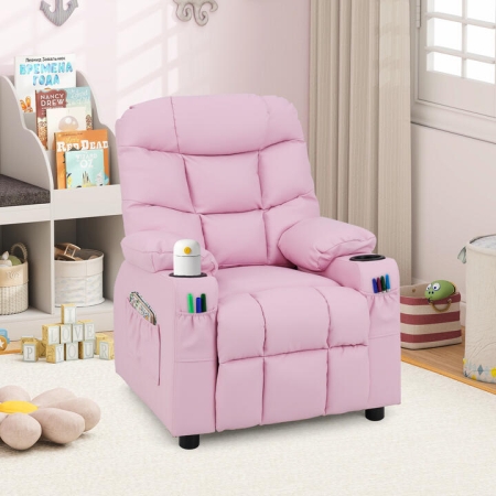 CostwayKids PU Leather Recliner with Cup Holder and Footrest-Pink - Baby & Kids > Toddler & Kids Furniture > Kids Chairs & Seating