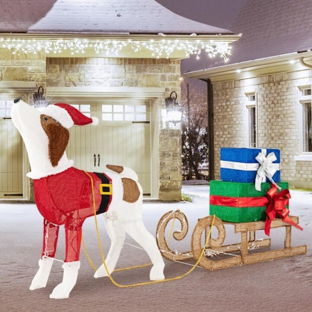Costway170 Warm Bright Lights Outdoor Pre-lit Xmas Dog and Sleigh and Gift Boxes Combo
