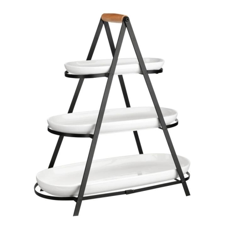 Black 3 Tier Serving Stand with White Platters - Serving Stands