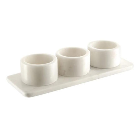 White Marble Condiment Set 3 Pots with Holder - Trays