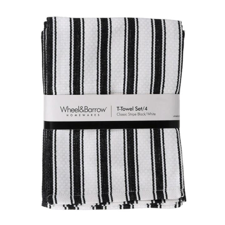 Tea Towel Set/4 Black & White Stripe - Tea Towels