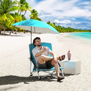 CostwayFoldable Beach Umbrella Chair with Adjustable Parasol and Universal Umbrella Clamp-Blue