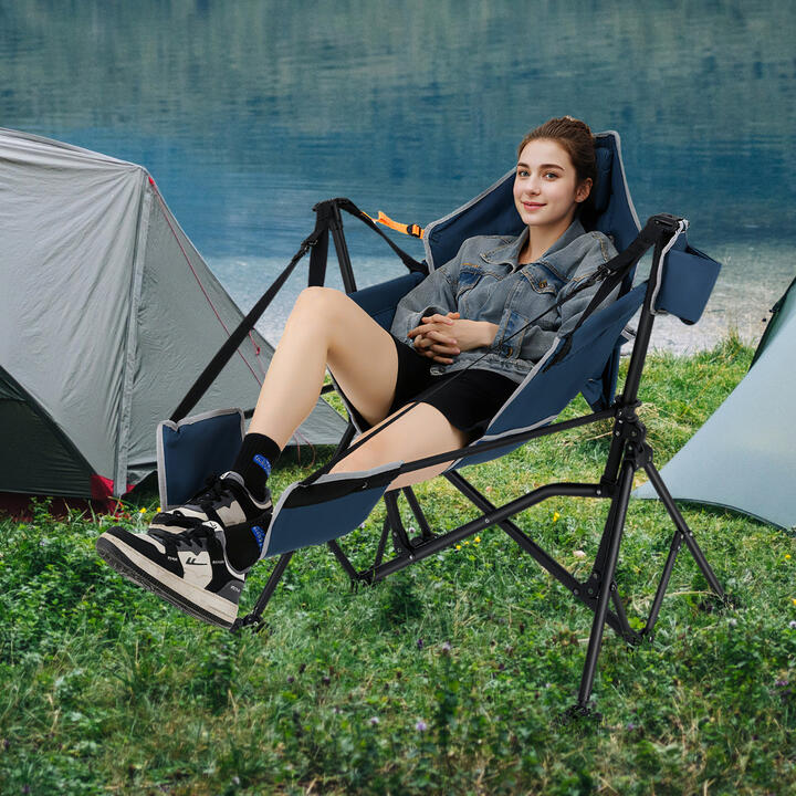 CostwayOversized Hammock Camping Chair with Footrest and Cup Holder-Blue