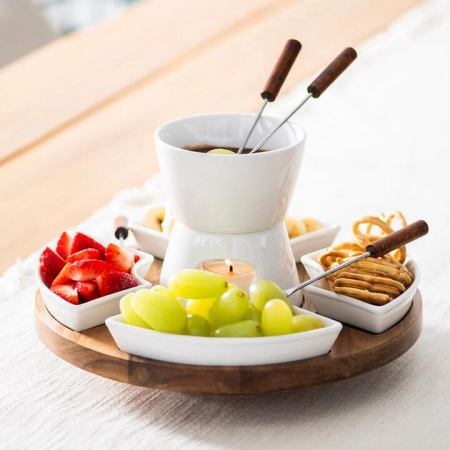Fondue Set White Ceramic and Acacia Wood - Fondue Sets