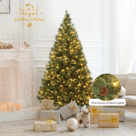 Costway1.8M Christmas Pine Tree with LED Warm White Light for Christmas Decorations - Decor > Holiday Decor > Christmas > Christmas Tree