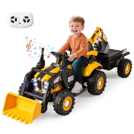 Costway4-in-1 Kids Ride on Tractor 12V with Trailer and Adjustable Seat -Yellow - Toys & Hobbies > Ride On Toys > Powered Ride On Toys
