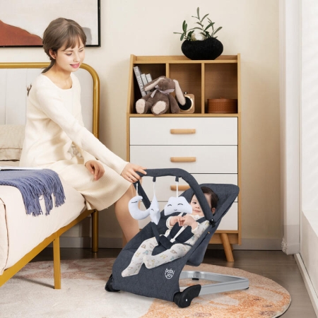 CostwayFoldable Baby Rocker with 5 point Safety Harness for Newborns-Dark Grey - TOYS