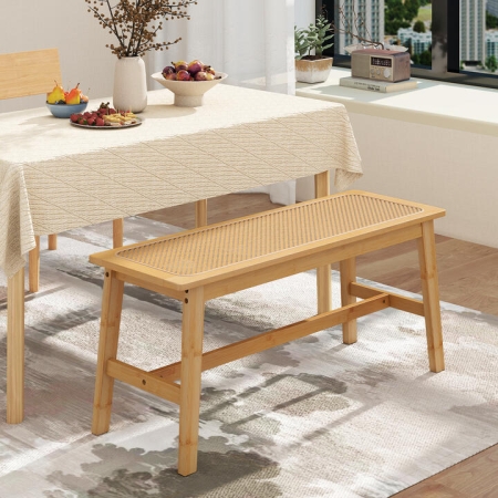 Costway100cm Bamboo Dining Bench with Handwoven Rattan Seat-Natural - Furniture > Kitchen & Dining > Dining Chairs