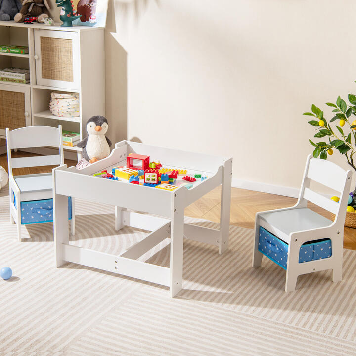 Costway3-In-1 Kids Multi Activity Table &amp;amp; 2 Chairs Set for Toddlers-Navy