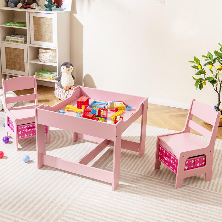 Costway3-In-1 Kids Multi Activity Table &amp; 2 Chairs Set for Toddlers-Rose