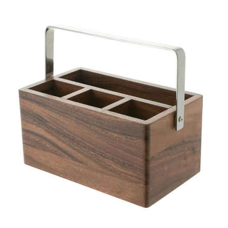 Acacia Wood Cutlery Caddy with Chrome Carry Handle - Kitchen Organizers