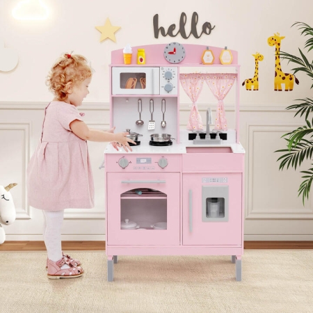 CostwayWooden Play Kitchen for Kids with 3 Adjustable Heights and Stoves and Ice. - Toys & Hobbies > Pretend Toys > Play Kitchen Sets