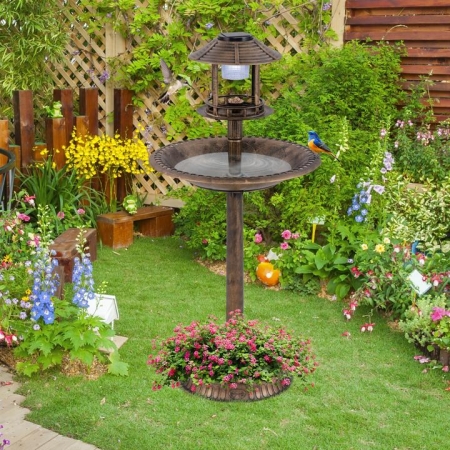 Costway3-in-1 Outdoor Solar Lighted Bird Bath with Flower Planter Base-Bronze - Solar Lights