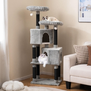 Costway156 cm Tall Large Multi-level Cat Tree with Dangling Jingle Balls and Soft Flannel Covering-Grey