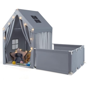 Costway2-in-1 Kids Play Tent with Playpen and Washable Cotton Mat-Grey Costway2-in-1 Kids Play Tent with Playpen and Washable Cotton Mat-Grey