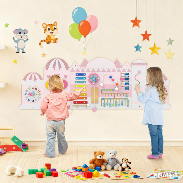 CostwayCastle Activity Wall Busy Board Panels 11-in-1 Montessori Wooden Sensory Board-Pink