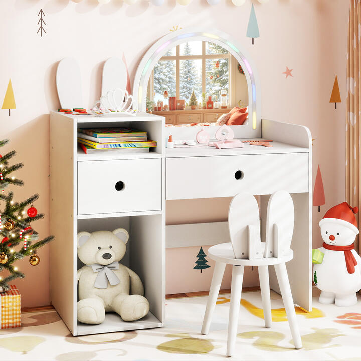 CostwayKids Vanity Desk with Lights Princess Bunny Makeup Table with Lighted Mirror-White