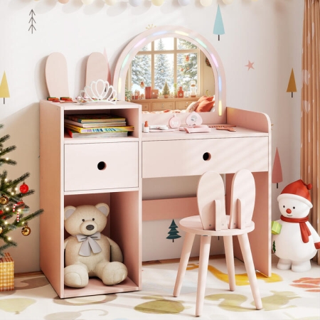 CostwayKids Vanity Desk with Lights Princess Bunny Makeup Table with Lighted Mirror-Pink - TOYS