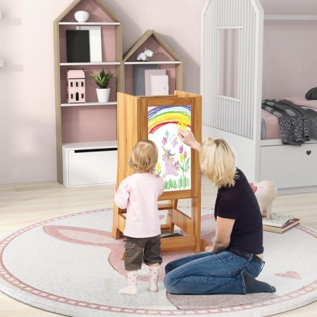 Costway2-in-1 Baby Standing Tower with 3 water-based pens and Adjustable Footstep-Natural - Baby & Kids > Toddler & Kids Furniture