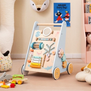 Costway8-in-1 Wooden Baby Walker with Wheels for Toddlers 1+ Years Old-Blue