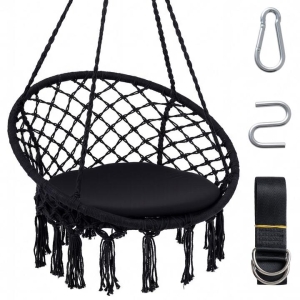 CostwayMacrame Swing Chair Hammock Chair with Round Seat Cushion-Black