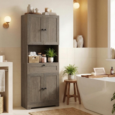 Costway171.5 CM Tall Bathroom Cabinet Freestanding Storage Cabinet with 4 Doors and 1. - Bathroom Storage