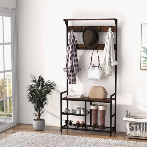 Costway3-in-1 Coat Rack Hall Tree with Shoe Bench and 9 Removable Hooks