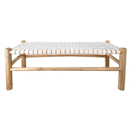 White Leather Weave Wood Bench - Wood Benches