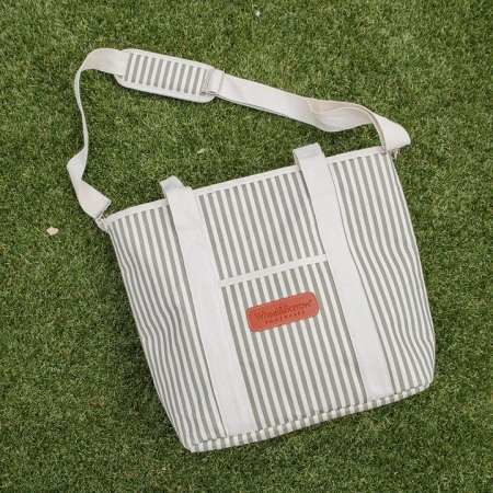 Cooler Tote Bag Cream & Green Stripes with Cream Handles - Bags